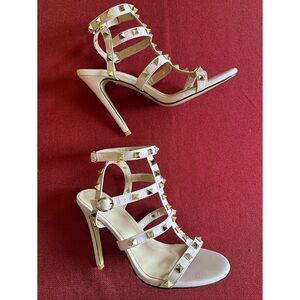 Studded Strappy High Heel Sandals in Blush Nude, New, 7